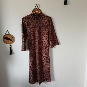 Zara Leopard Print Midi Dress With High Neck & Waist Tie